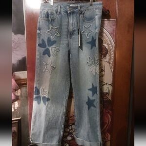Embellished Star & Heart Straight Leg New Women's Jeans - Light Blue 11/30